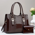 Dark brown faux crocodile leather tote bag set with matching clutch and glossy finish - 31x13x24cm / Coffee Brown