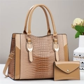 Two-piece beige tote bag set with crocodile embossed texture and shiny leather finish - 31x13x24cm / Khaki