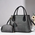 Two-piece handbag set for women with black and white crocodile pattern embossed leather - Black