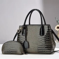 Glossy black crocodile pattern tote bag with matching mini pouch and gold hardware - Black & Gold