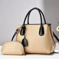 Elegant beige croc-embossed tote bag set with black patent handles and gold hardware - Gold
