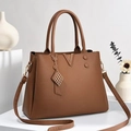 Brown lychee leather tote bag with V-shaped gold metal hardware and detachable strap - 32cmx12cmx23cm / Brown