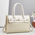Elegante borsa tote in pelle beige crema con chiusura girevole dorata e doppi manici - Bianco Sporco