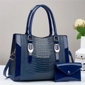 Dark blue crocodile embossed leather tote bag set with glossy patent finish and gold hardware - 31x13x24cm / Blue