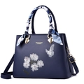 Dark blue leather handbag with floral butterfly embroidery and a stylish silk scarf handle - 31/13/22cm / Dark Blue