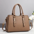 Elegant taupe litchi texture Boston handbag with double handles and gold-tone hardware - L30xW13xH22 / Khaki
