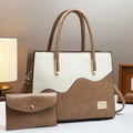 Two-piece tote bag set with wavy beige and brown patchwork and metal brand plaque - Off-white/Khaki