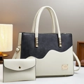 Two-piece wave pattern tote bag and pouch set with gold handles for office commute - Grey Patchwork Off-white