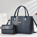 Detail of navy blue croc-embossed patent leather tote and mini chain bag set - Crocodile Pattern 2-Piece Set / Blue