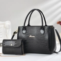Elegant black crocodile embossed tote bag set with matching mini chain pouch - Black