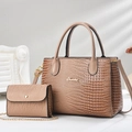 Chic nude crocodile embossed tote bag and small chain clutch set for women - Khaki