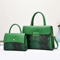 Detailed view of green crocodile embossed tote bag set with golden hardware and accessories - Green