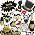 20-piece New Year photo booth props set with black and gold party hats, glasses and ties - Style 1 (Clock Style)