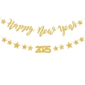 Bannière dorée pailletée Happy New Year avec étoiles 2025 pour décoration de fête - Bannière Happy New Year Or + Guirlande Étoile 2026