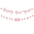 Vue détaillée de la bannière rose pailletée Bonne Année 2025 avec étoiles brillantes - Bannière Happy New Year Or Rose + Guirlande Étoile 2026