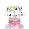 Glittery Happy Birthday cake topper with colorful 3D butterflies on a pink cake - Deep Blue Hollow Butterfly Style