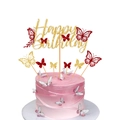Close-up of Happy Birthday cake topper with gold glitter and 3D butterfly decorations - Red Hollow Butterfly Style