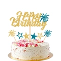 Glittering golden Happy Birthday cake topper set with blue fireworks and star details - Lake Blue Fireworks Style
