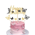 Glittery Happy Birthday cake topper set with colorful butterfly decorative picks - Black Hollow Butterfly Style