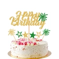 Detail of Happy Birthday cake topper set with gold glitter stars and green firework accents - Green Fireworks Style