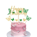 Macro shot of glittery Happy Birthday cake topper with assorted green and pink butterflies - Green Hollow Butterfly Style
