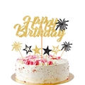 Detailed view of golden glitter Happy Birthday cake topper set with stars and sparks - Glue The Finished Product And Ship It. / 7pc Black Fireworks Happy Birthday Cake Sticker Set