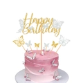 Detail of Happy Birthday cake topper and 3D glitter butterfly decorations on pink cake - Hollow-out Butterfly Happy Birthday Topper Set / 7-Piece Set / Silver