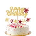 Golden glitter Happy Birthday cake topper set with stars and fireworks for party decor - Red Fireworks Style