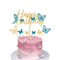 Close-up of glittery Happy Birthday cake topper with colorful butterfly decorations - Hollow-out Butterfly Happy Birthday Topper Set / 7-Piece Set / Lake Blue
