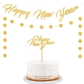 Dettaglio del cake topper dorato glitter Happy New Year e delle ghirlande decorative set - Banner Oro Happy New Year Ghirlanda Cerchi Cake Topper