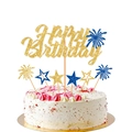 Detailed view of gold glitter Happy Birthday topper and blue star party decorations - Glue The Finished Product And Ship It. / 7-piece Blue Fireworks Happy Birthday Cake Sticker Set