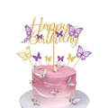 Golden glitter Happy Birthday cake topper with purple and gold butterflies set - Hollow-out Butterfly Happy Birthday Topper Set / 7-Piece Set / Purple