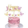 Golden Happy Birthday cake topper with pink glitter butterfly decorations on a cake - Hollow-out Butterfly Happy Birthday Topper Set / 7-Piece Set / Rose Red
