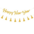 Glittering gold Happy New Year banner and star party hat bunting for festive party decor - Gold Happy New Year + Hat Garland