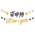 Glitzerndes Happy New Year Banner in Schwarz und Gold mit Sternen für Silvesterpartys - Schwarz Gold Happy New Year Stern Banner
