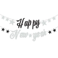 Detail von glitzerndem Happy New Year Partybanner aus schwarzem und silbernem Karton - Schwarz Silber Happy New Year Stern Banner