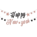 Glitzerndes Schwarz und Roségold Happy New Year Banner für Silvesterparty 2024 Dekoration - Schwarz Roségold Happy New Year Stern Banner