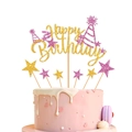 Pink and gold glittery Happy Birthday cake topper set with party hat and stars - Gold Letters/Rose Red Hollow Hat