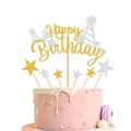 Close-up of golden glitter Happy Birthday cake topper set with silver stars and hats - Gold Letters/Silver Hollow Hat