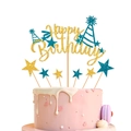 Detail of glitter Happy Birthday topper and star picks on a pink cream cake - Gold Letters/Lake Blue Hollow Hat
