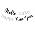 Dettaglio dello striscione glitterato 2026 Happy New Year in finiture nero e argento - Argento Nero
