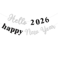 Bannière de fête Hello 2026 Happy New Year en paillettes argentées et noires - Argent Noir