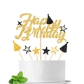 Kuchendekoration Happy Birthday Set in Gold und Schwarz mit Glitzersternen und Hüten - Schwarzer Partyhut-Stil