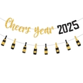 2025 New Year decoration banner with gold glitter Cheers Year text and bottle shapes - Black Gold Cheers Year 2026 Banner With Bottle Garland