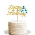Close-up of golden glitter Happy Birthday cake topper with teal accents on white cake - Gold Letter With Lake Blue Cake