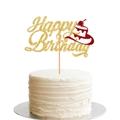 Detailopname van gouden Happy Birthday taarttopper met rode cupcake decoratie op taart - Gold Happy Birthday Met Rode Taart