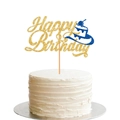 Detail van Happy Birthday taarttopper met gouden en blauwe glitters op een witte taart - Gold Happy Birthday Met Donkerblauwe Taart