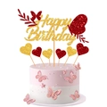 Detail of Happy Birthday cake toppers with gold glitter letters and red butterfly accents - Happy Birthday Topper Set (Red Hearts) / Gold+Red
