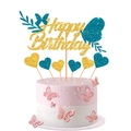 Detailed view of golden glitter Happy Birthday cake topper with blue butterfly decorations - Happy Birthday Topper Set (Lake Blue Hearts) / Gold + Lake Blue