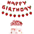 Set striscione Happy Birthday a fragola glitterata con topper per torta per feste bimbi - Set Decorativo Fragola (Banner + Ghirlanda + Topper)